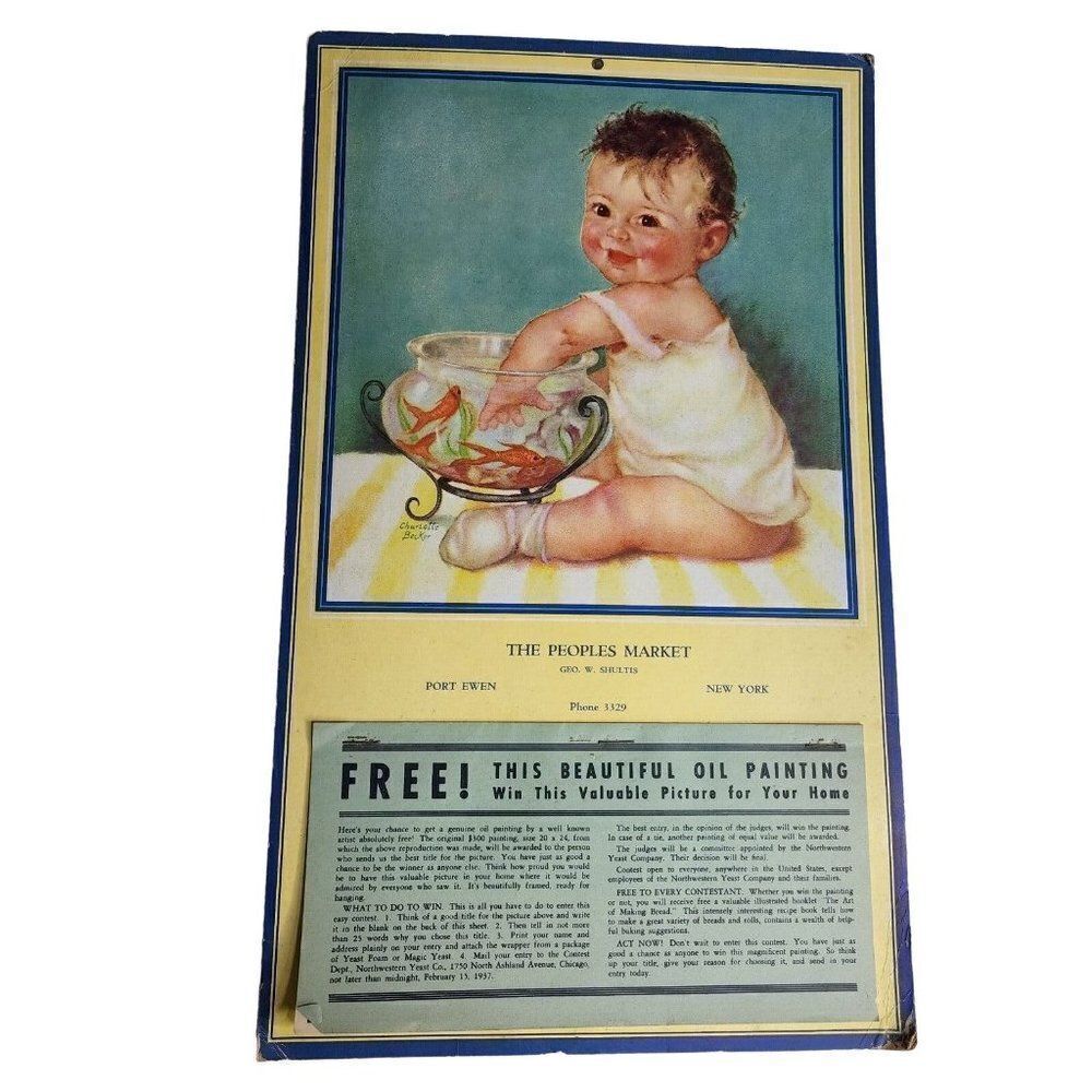 Vintage 30s Peoples Market Calendar 1937 Advertising Charlotte Becker Baby Art